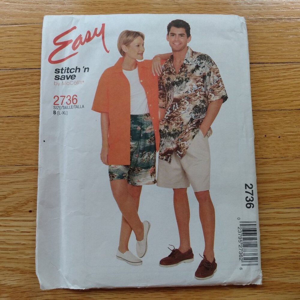 Vintage Shorts & Hawaiian Shirt Sewing Pattern UNCUT Unisex L-XL